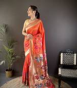 orange silk blend floral zari weaving work paithani saree