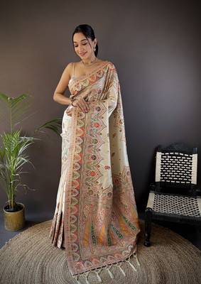 white silk blend meena weaving  pashmina work kashmiri saree 1