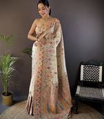 white silk blend meena weaving  pashmina work kashmiri saree