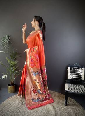 orange silk blend floral zari weaving work paithani saree 2