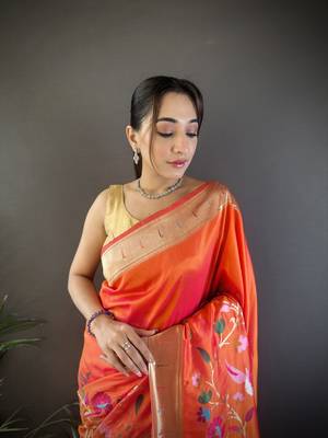 orange silk blend floral zari weaving work paithani saree 3