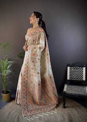 white silk blend meena weaving  pashmina work kashmiri saree 2