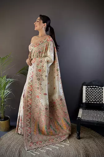 white silk blend meena weaving  pashmina work kashmiri saree