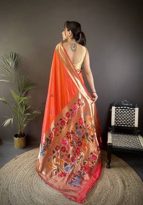 orange silk blend floral zari weaving work paithani saree 4