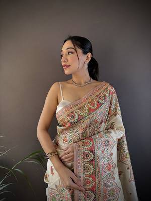 white silk blend meena weaving  pashmina work kashmiri saree 3