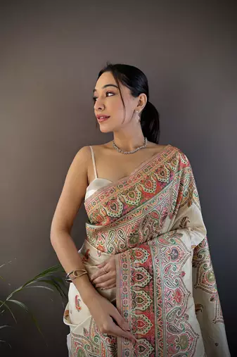 white silk blend meena weaving  pashmina work kashmiri saree