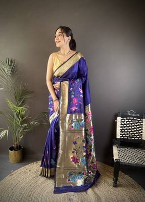 royal blue  silk blend  floral zari weaving work paithani saree 1