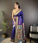 royal blue  silk blend  floral zari weaving work paithani saree