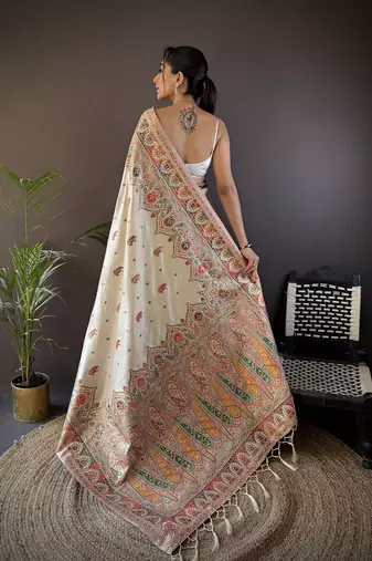 white silk blend meena weaving  pashmina work kashmiri saree