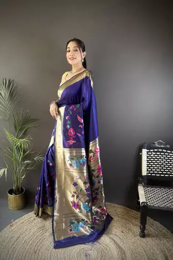 royal blue  silk blend  floral zari weaving work paithani saree