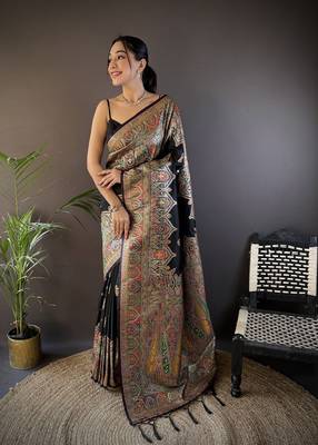black silk blend meena weaving  pashmina work kashmiri saree 1