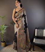 black silk blend meena weaving  pashmina work kashmiri saree