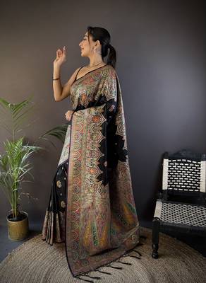 black silk blend meena weaving  pashmina work kashmiri saree 2