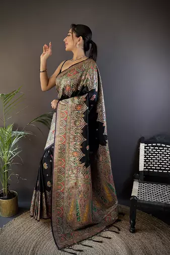 black silk blend meena weaving  pashmina work kashmiri saree