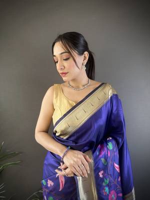 royal blue  silk blend  floral zari weaving work paithani saree 3