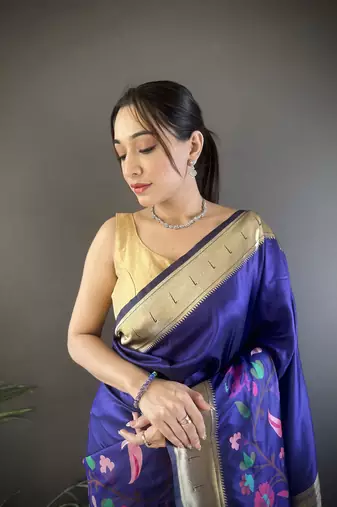 royal blue  silk blend  floral zari weaving work paithani saree