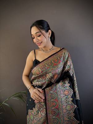 black silk blend meena weaving  pashmina work kashmiri saree 3