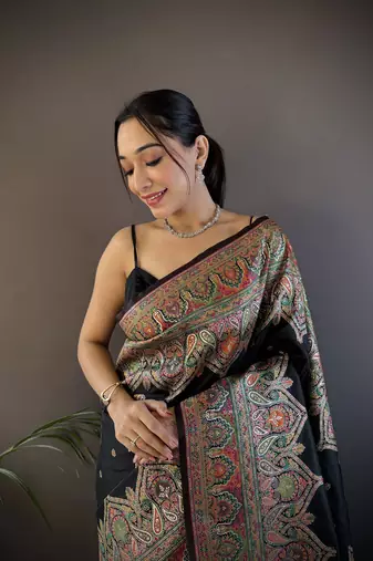 black silk blend meena weaving  pashmina work kashmiri saree