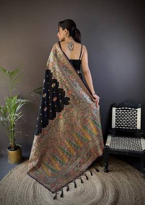 black silk blend meena weaving  pashmina work kashmiri saree 4