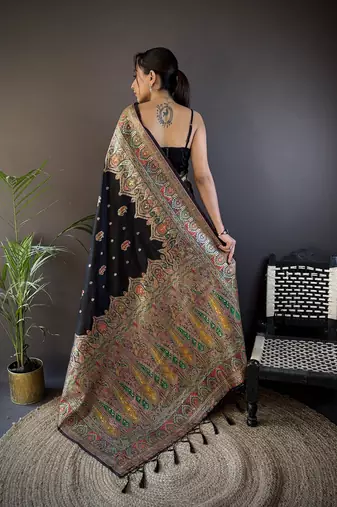 black silk blend meena weaving  pashmina work kashmiri saree