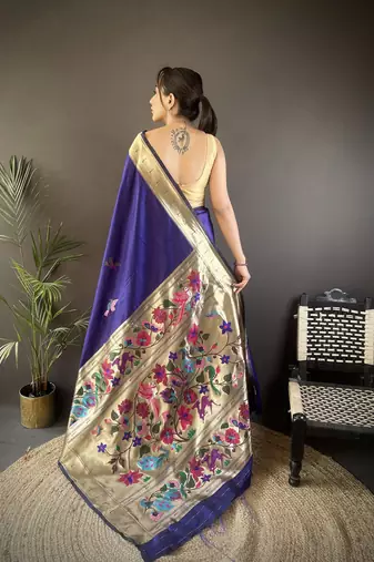 royal blue  silk blend  floral zari weaving work paithani saree