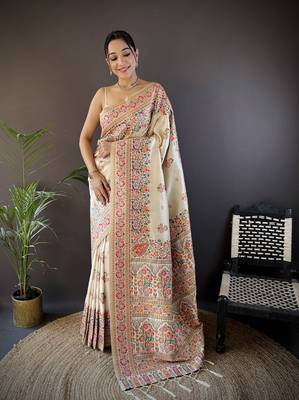 white silk blend meena weaving  pashmina work kashmiri saree 1