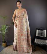 white silk blend meena weaving  pashmina work kashmiri saree
