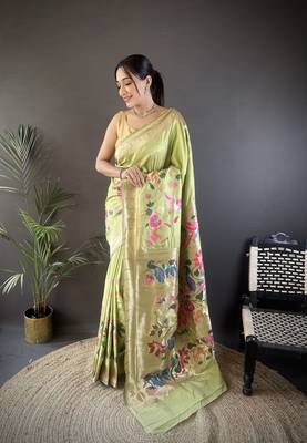 pista green silk blend floral zari weaving work paithani saree 1