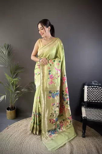 pista green silk blend floral zari weaving work paithani saree