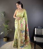 pista green silk blend floral zari weaving work paithani saree