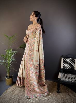 white silk blend meena weaving  pashmina work kashmiri saree 2