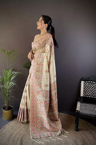white silk blend meena weaving  pashmina work kashmiri saree