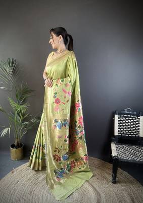 pista green silk blend floral zari weaving work paithani saree 2