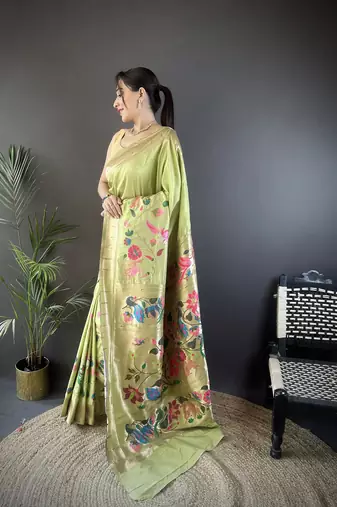 pista green silk blend floral zari weaving work paithani saree