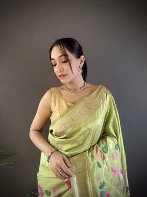 pista green silk blend floral zari weaving work paithani saree 3