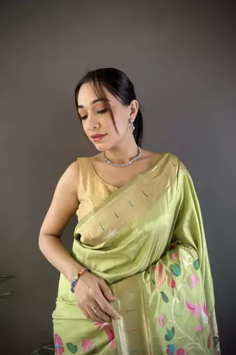 pista green silk blend floral zari weaving work paithani saree