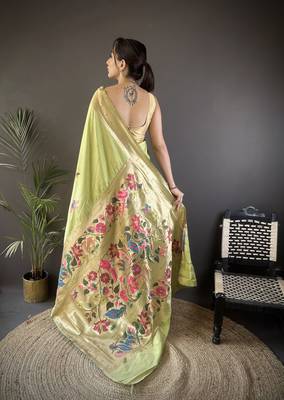 pista green silk blend floral zari weaving work paithani saree 4