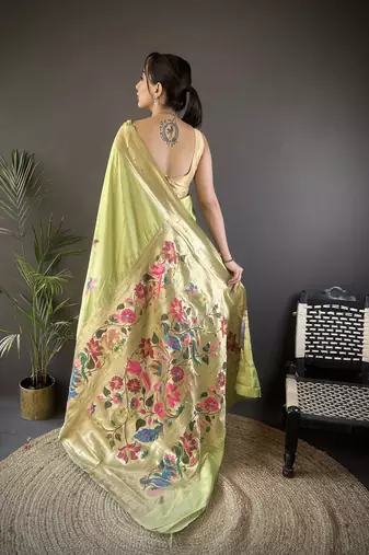 pista green silk blend floral zari weaving work paithani saree