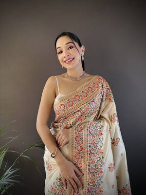 white silk blend meena weaving  pashmina work kashmiri saree 3
