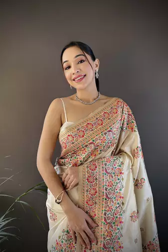white silk blend meena weaving  pashmina work kashmiri saree