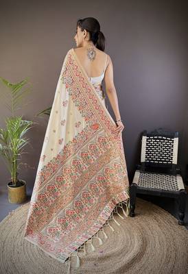 white silk blend meena weaving  pashmina work kashmiri saree 4