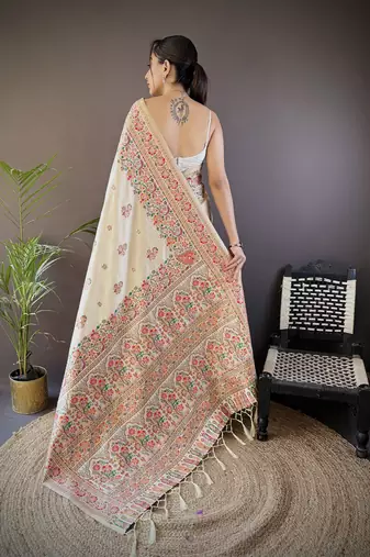 white silk blend meena weaving  pashmina work kashmiri saree