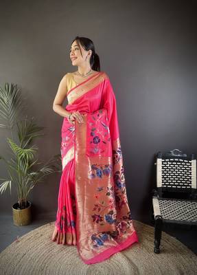 pink silk blend floral zari weaving work paithani saree 1