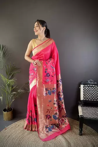 pink silk blend floral zari weaving work paithani saree