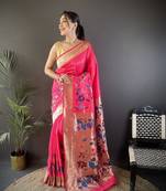pink silk blend floral zari weaving work paithani saree
