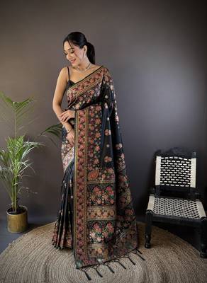 black silk blend meena weaving  pashmina work kashmiri saree 1