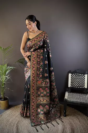 black silk blend meena weaving  pashmina work kashmiri saree