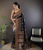 black silk blend meena weaving  pashmina work kashmiri saree