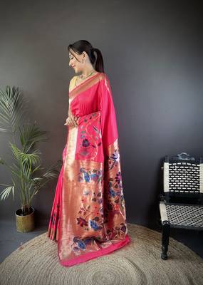 pink silk blend floral zari weaving work paithani saree 2