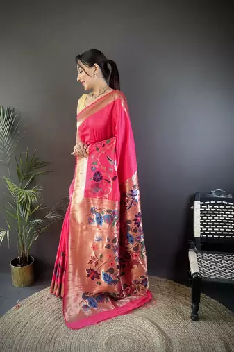pink silk blend floral zari weaving work paithani saree